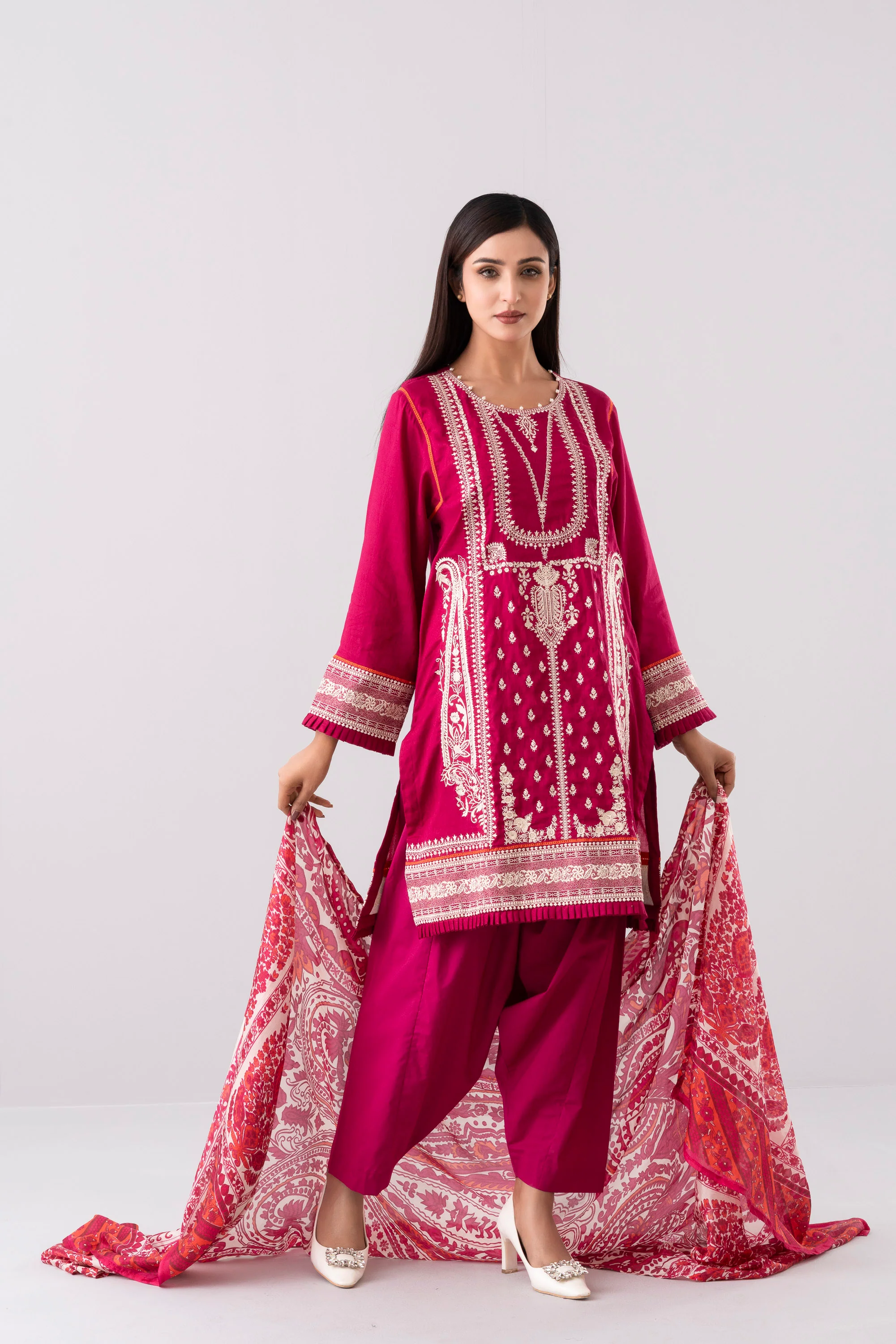 Embroidered Three-Piece Lawn with Silk Dupatta